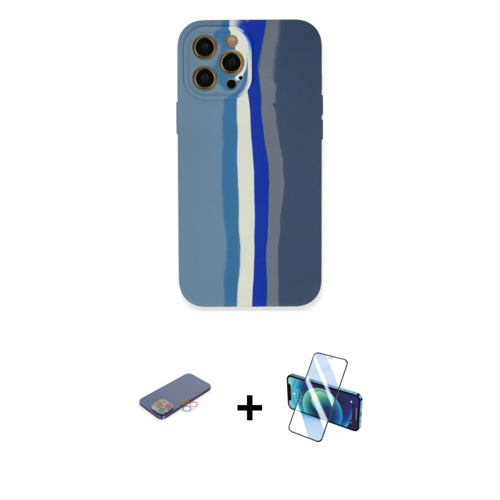 MARSİLYAN™- iPhone 12 Pro Kılıf Yadigar Çizgi - Siyah 3D Antistatik Seramik Nano Ekran Koruyucu + Renkli Kamera Lens Koruma Cam - PE
