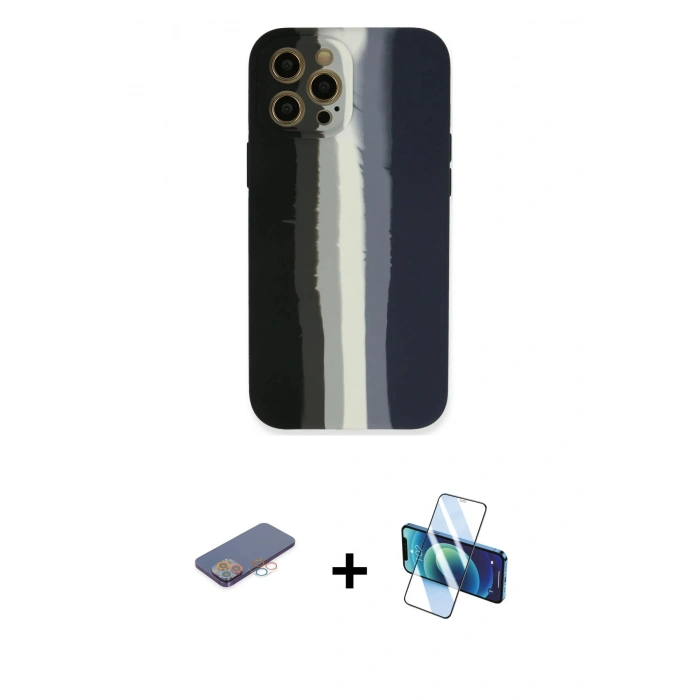 MARSİLYAN™- iPhone 12 Pro Kılıf Yadigar Çizgi - Siyah 3D Antistatik Seramik Nano Ekran Koruyucu + Renkli Kamera Lens Koruma Cam - PE