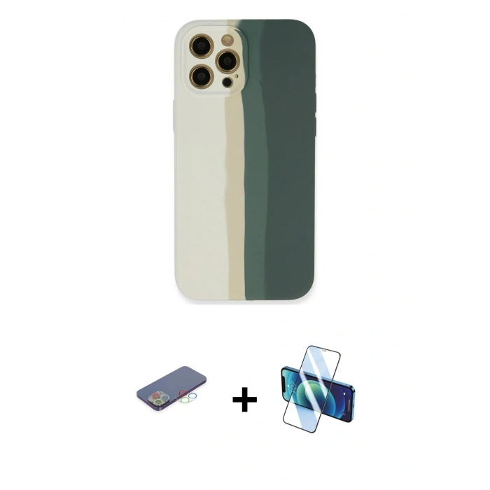 MARSİLYAN™- iPhone 12 Pro Kılıf Yadigar Çizgi - Siyah 3D Antistatik Seramik Nano Ekran Koruyucu + Renkli Kamera Lens Koruma Cam - MI