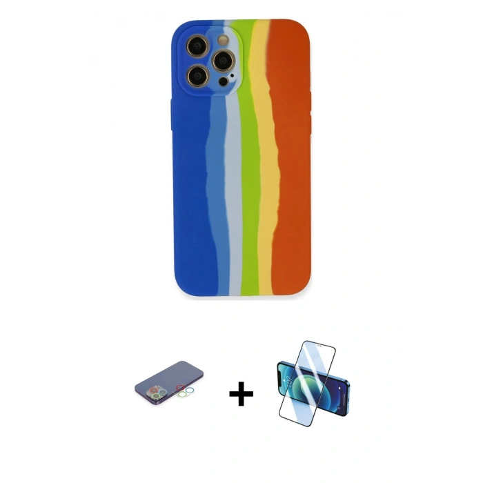 MARSİLYAN™- iPhone 12 Pro Kılıf Yadigar Çizgi - Siyah 3D Antistatik Seramik Nano Ekran Koruyucu + Renkli Kamera Lens Koruma Cam - MI