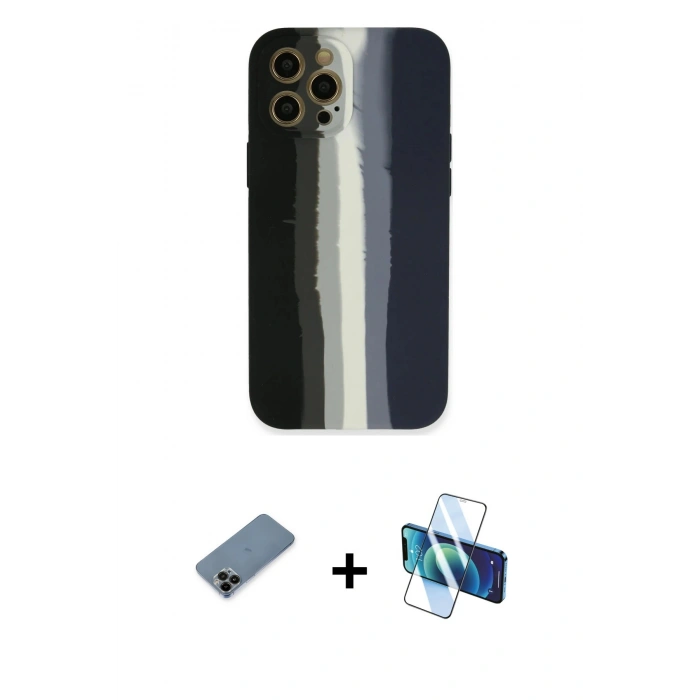 MARSİLYAN™- iPhone 12 Pro Kılıf Yadigar Çizgi - Siyah 3D Antistatik Seramik Nano Ekran Koruyucu + Shine Kamera Lens Koruma Cam - SH