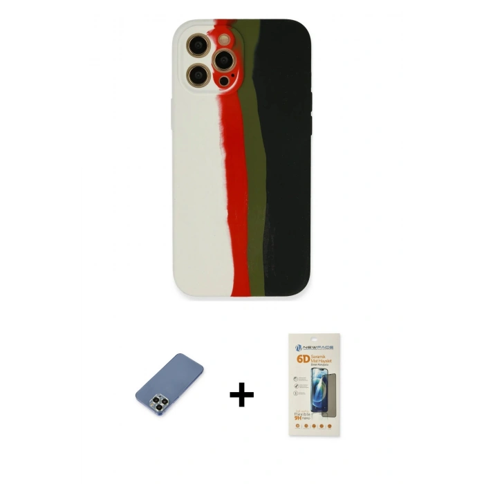MARSİLYAN™- iPhone 12 Pro Kılıf Yadigar Çizgi - Siyah 6D Mat Seramik Hayalet Nano Ekran Koruyucu + Metal Kamera Lens Koruma Cam - AKYL