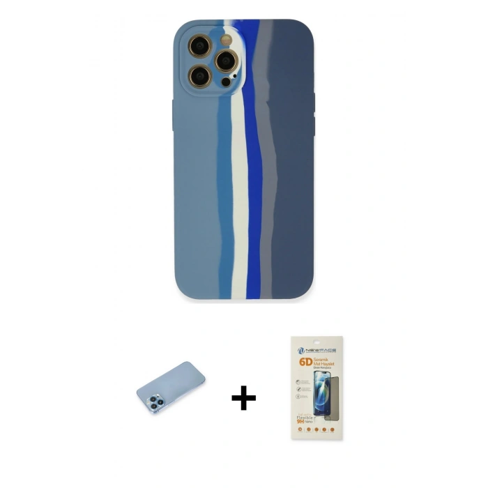 MARSİLYAN™- iPhone 12 Pro Kılıf Yadigar Çizgi - Siyah 6D Mat Seramik Hayalet Nano Ekran Koruyucu + Mavi Shine Kamera Lens Koruma Cam