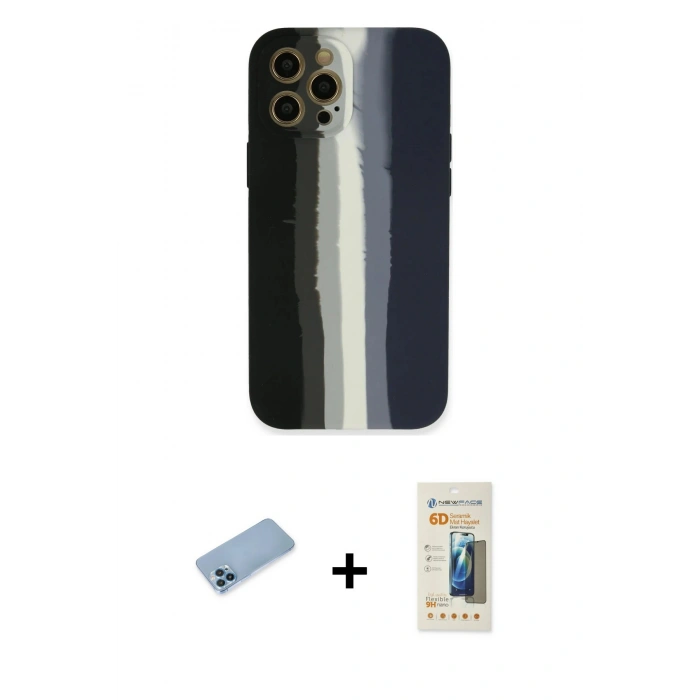 MARSİLYAN™- iPhone 12 Pro Kılıf Yadigar Çizgi - Siyah 6D Mat Seramik Hayalet Nano Ekran Koruyucu + Mavi Shine Kamera Lens Koruma Cam