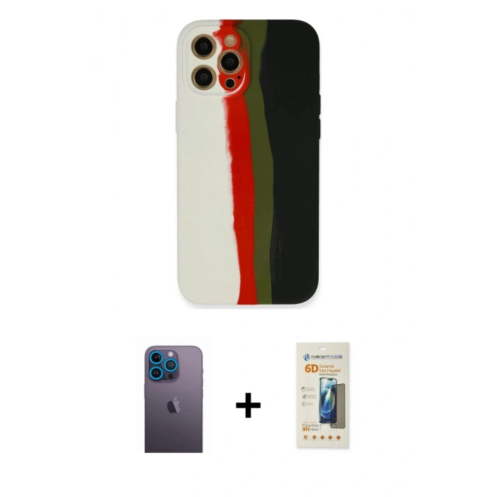 MARSİLYAN™- iPhone 12 Pro Kılıf Yadigar Çizgi - Siyah 6D Mat Seramik Hayalet Nano Ekran Koruyucu + Neon Fosforlu Kamera Lens - MI