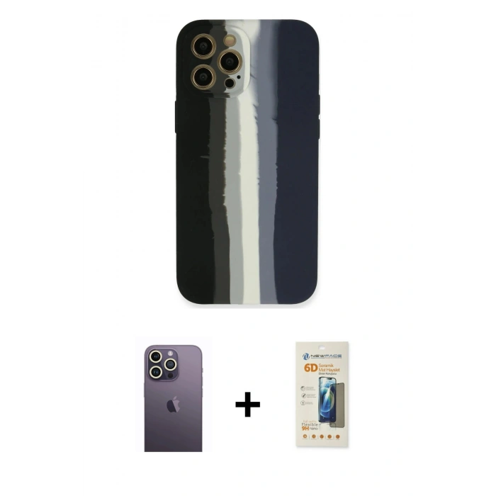 MARSİLYAN™- iPhone 12 Pro Kılıf Yadigar Çizgi - Siyah 6D Mat Seramik Hayalet Nano Ekran Koruyucu + Neon Fosforlu Kamera Lens - BZ