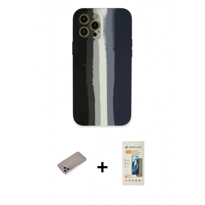 MARSİLYAN™- iPhone 12 Pro Kılıf Yadigar Çizgi - Siyah 6D Mat Seramik Hayalet Nano Ekran Koruyucu + Shine Kamera Lens Koruma Cam - SABE