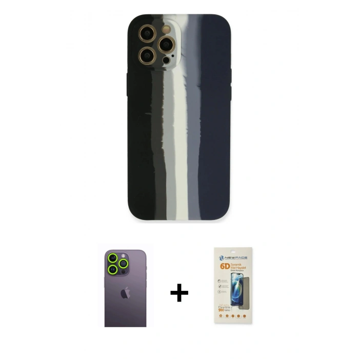 MARSİLYAN™- iPhone 12 Pro Kılıf Yadigar Çizgi - Siyah 6D Mat Seramik Hayalet Nano Ekran Koruyucu + Neon Fosforlu Kamera Lens - YL