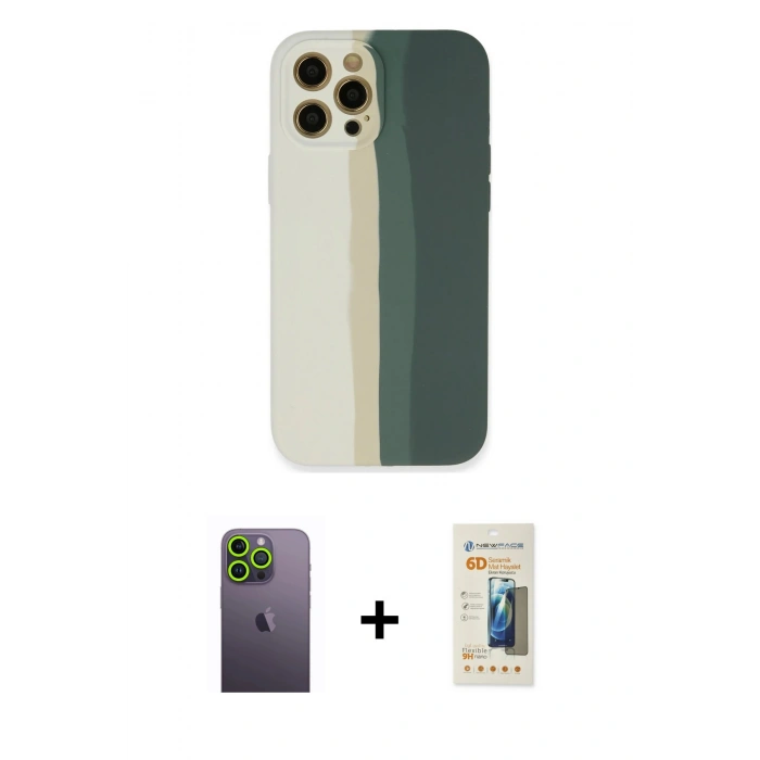 MARSİLYAN™- iPhone 12 Pro Kılıf Yadigar Çizgi - Siyah 6D Mat Seramik Hayalet Nano Ekran Koruyucu + Neon Fosforlu Kamera Lens - YL