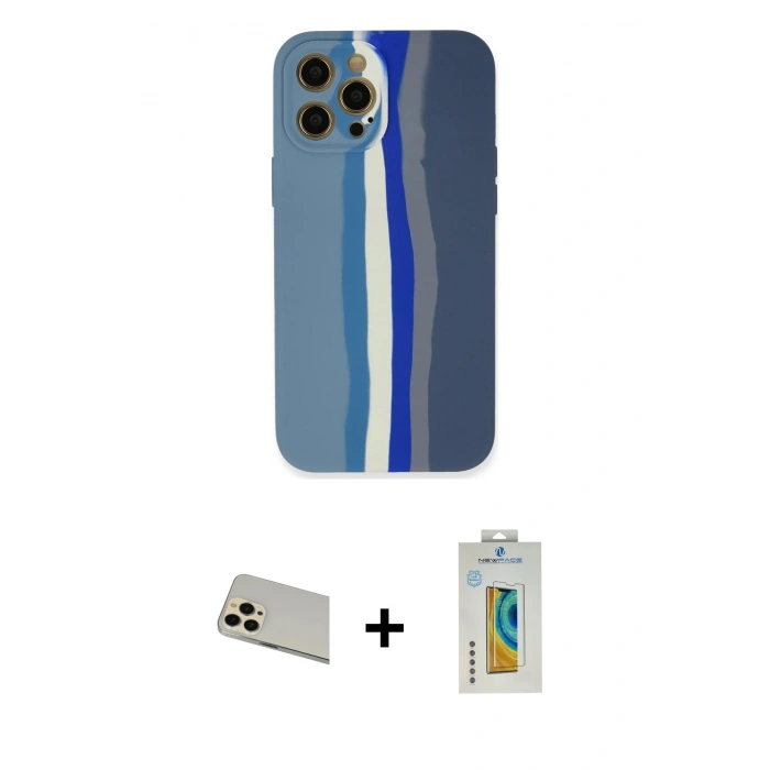 MARSİLYAN™- iPhone 12 Pro Kılıf Yadigar Çizgi - Siyah Polymer Nano Ekran Koruyucu + Rainbow Kamera Lens Koruma Cam - GD