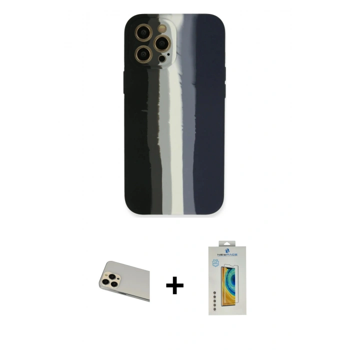 MARSİLYAN™- iPhone 12 Pro Kılıf Yadigar Çizgi - Siyah Polymer Nano Ekran Koruyucu + Rainbow Kamera Lens Koruma Cam - GD