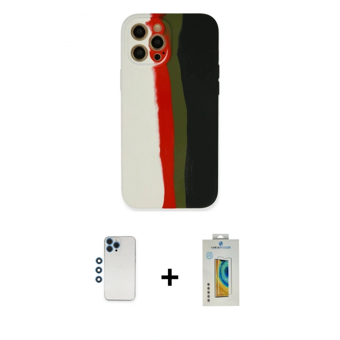 MARSİLYAN™- iPhone 12 Pro Kılıf Yadigar Çizgi - Siyah Polymer Nano Ekran Koruyucu + Mavi Shine Kamera Lens