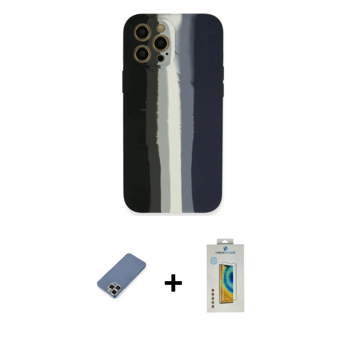 MARSİLYAN™- iPhone 12 Pro Kılıf Yadigar Çizgi - Siyah Polymer Nano Ekran Koruyucu + Metal Kamera Lens Koruma Cam - AKYL
