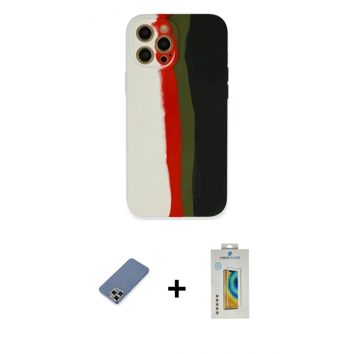 MARSİLYAN™- iPhone 12 Pro Kılıf Yadigar Çizgi - Siyah Polymer Nano Ekran Koruyucu + Metal Kamera Lens Koruma Cam - AKYL