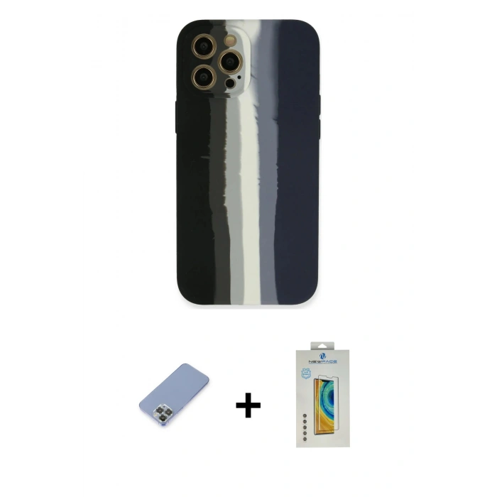 MARSİLYAN™- iPhone 12 Pro Kılıf Yadigar Çizgi - Siyah Polymer Nano Ekran Koruyucu + Metal Kamera Lens Koruma Cam - KUYL