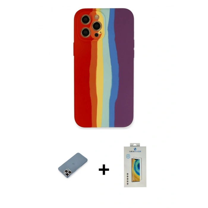 MARSİLYAN™- iPhone 12 Pro Kılıf Yadigar Çizgi - Siyah Polymer Nano Ekran Koruyucu + Metal Kamera Lens Koruma Cam - MR