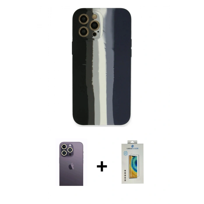 MARSİLYAN™- iPhone 12 Pro Kılıf Yadigar Çizgi - Siyah Polymer Nano Ekran Koruyucu + Neon Fosforlu Kamera Lens - BZ