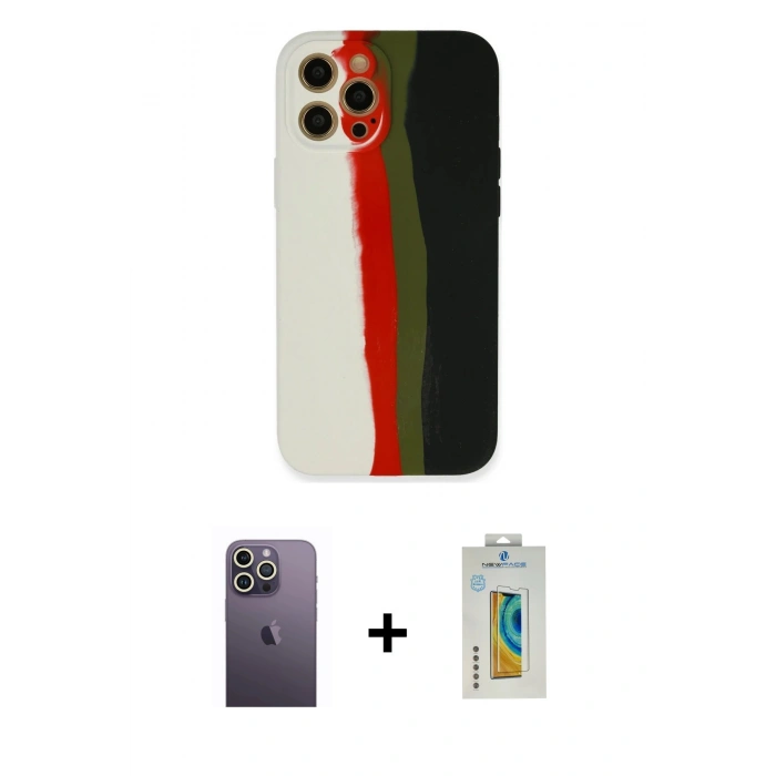 MARSİLYAN™- iPhone 12 Pro Kılıf Yadigar Çizgi - Siyah Polymer Nano Ekran Koruyucu + Neon Fosforlu Kamera Lens - BZ