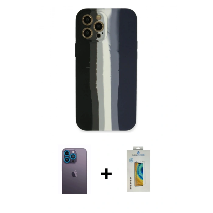 MARSİLYAN™- iPhone 12 Pro Kılıf Yadigar Çizgi - Siyah Polymer Nano Ekran Koruyucu + Neon Fosforlu Kamera Lens - MI