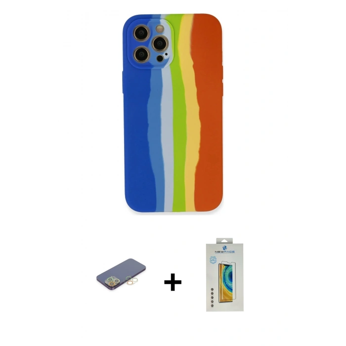 MARSİLYAN™- iPhone 12 Pro Kılıf Yadigar Çizgi - Siyah Polymer Nano Ekran Koruyucu + Renkli Kamera Lens Koruma Cam - SI