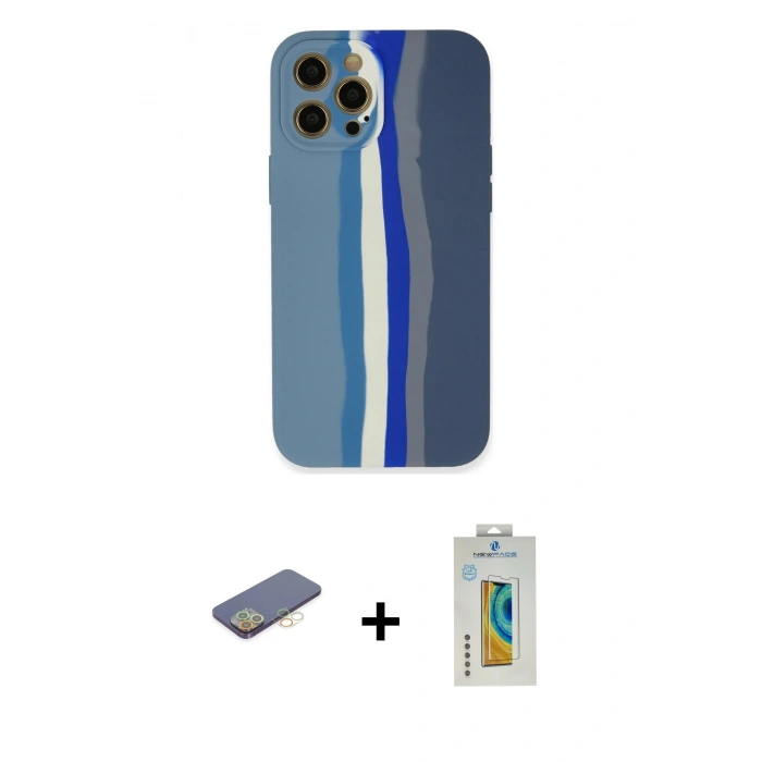 MARSİLYAN™- iPhone 12 Pro Kılıf Yadigar Çizgi - Siyah Polymer Nano Ekran Koruyucu + Renkli Kamera Lens Koruma Cam - SI