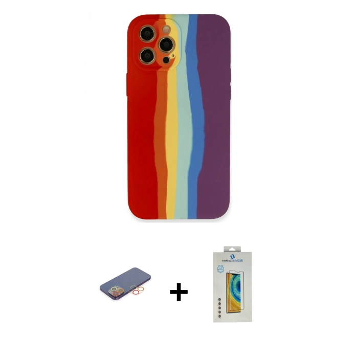 MARSİLYAN™- iPhone 12 Pro Kılıf Yadigar Çizgi - Siyah Polymer Nano Ekran Koruyucu + Renkli Kamera Lens Koruma Cam - TU