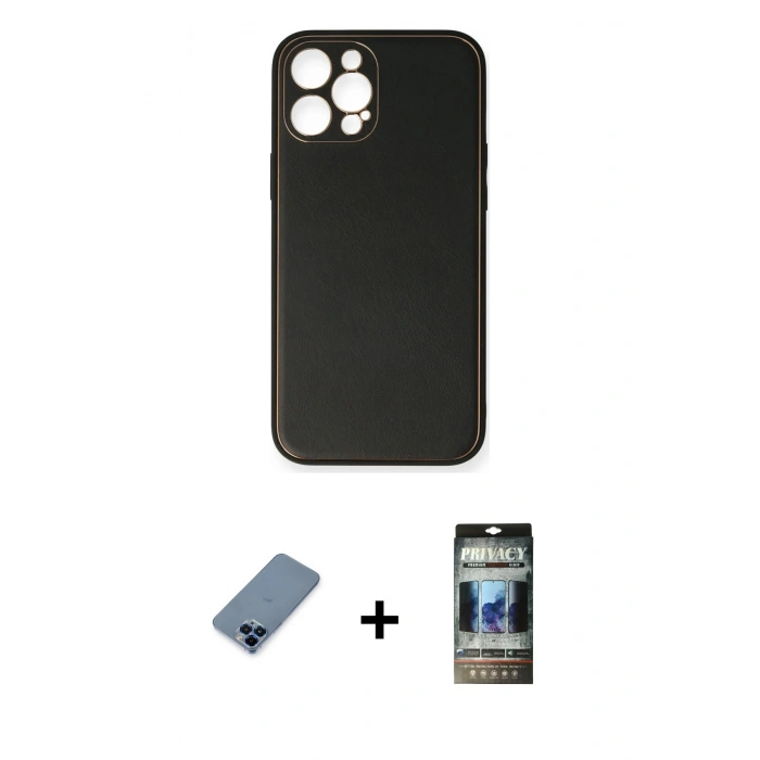 MARSİLYAN™- iPhone 12 Pro Kılıf Yadigar Klasik - Siyah 34D Hayalet Izgaralı Cam + Metal Kamera Lens Koruma Cam - MI