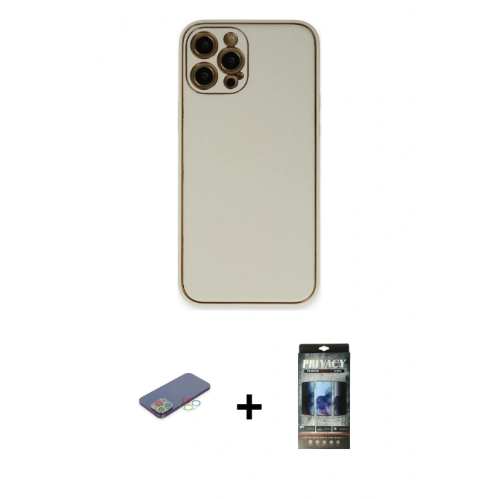 MARSİLYAN™- iPhone 12 Pro Kılıf Yadigar Klasik - Siyah 34D Hayalet Izgaralı Cam + Renkli Kamera Lens Koruma Cam - MI