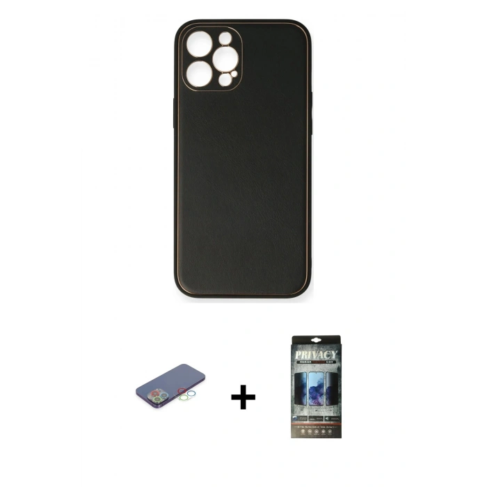 MARSİLYAN™- iPhone 12 Pro Kılıf Yadigar Klasik - Siyah 34D Hayalet Izgaralı Cam + Renkli Kamera Lens Koruma Cam - MI