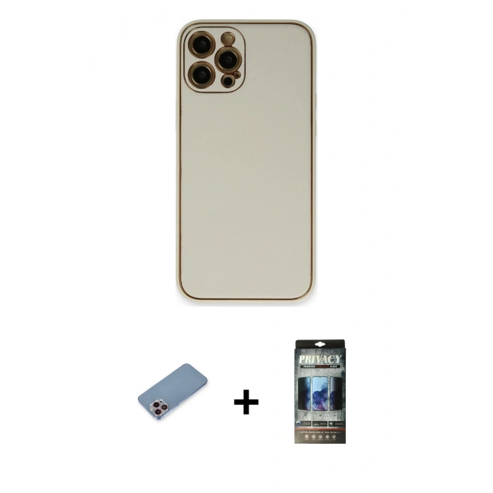 MARSİLYAN™- iPhone 12 Pro Kılıf Yadigar Klasik - Siyah 34D Hayalet Izgaralı Cam + Shine Kamera Lens Koruma Cam - PE