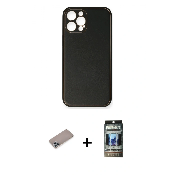 MARSİLYAN™- iPhone 12 Pro Kılıf Yadigar Klasik - Siyah 34D Hayalet Izgaralı Cam + Shine Kamera Lens Koruma Cam - SABE