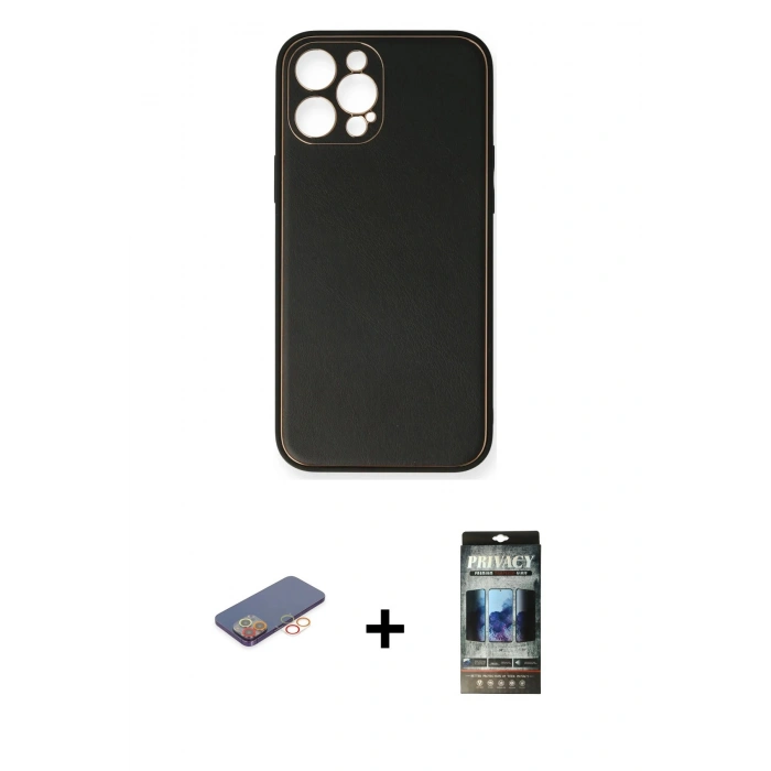MARSİLYAN™- iPhone 12 Pro Kılıf Yadigar Klasik - Siyah 34D Hayalet Izgaralı Cam + Renkli Kamera Lens Koruma Cam - TU