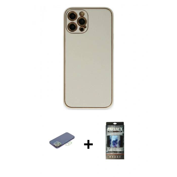 MARSİLYAN™- iPhone 12 Pro Kılıf Yadigar Klasik - Siyah 34D Hayalet Izgaralı Cam + Renkli Kamera Lens Koruma Cam - YL