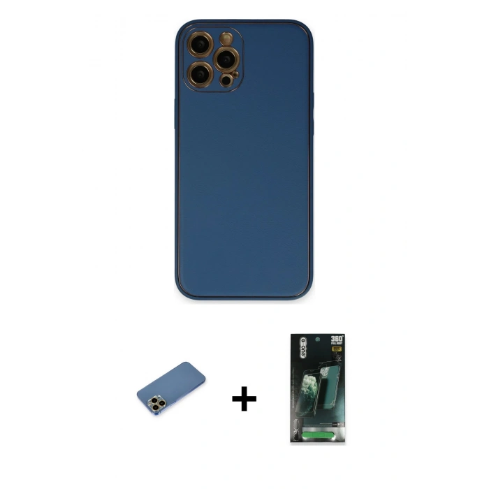 MARSİLYAN™- iPhone 12 Pro Kılıf Yadigar Klasik - Siyah 360 Mat Full Body Arka Koruyucu + Shine Kamera Lens Koruma Cam - GD