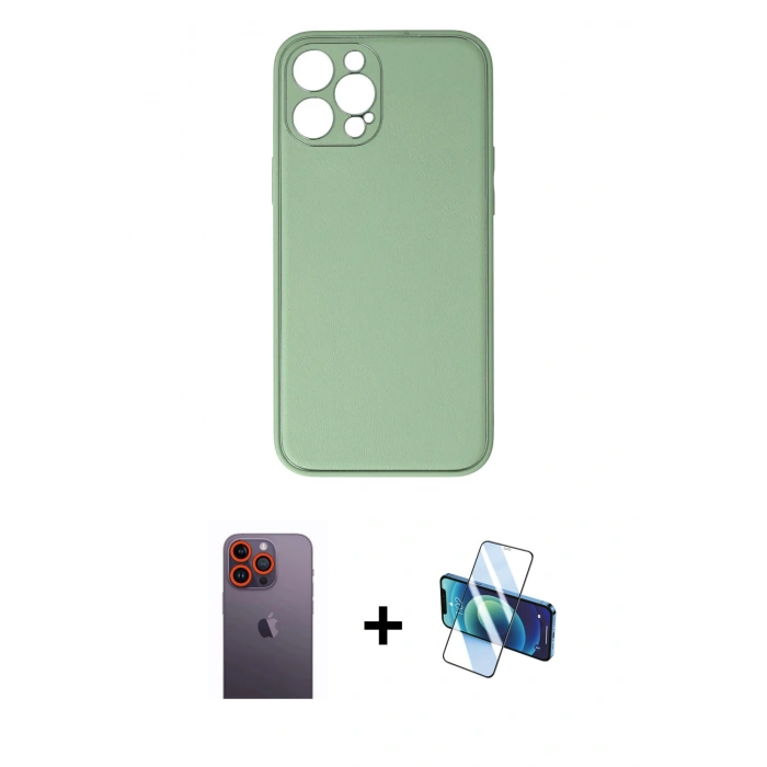 MARSİLYAN™- iPhone 12 Pro Kılıf Yadigar Klasik - Siyah 3D Antistatik Cam Ekran Koruyucu + Neon Fosforlu Kamera Lens - TU