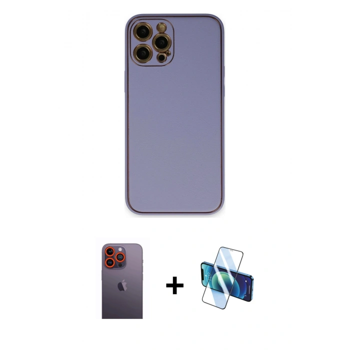 MARSİLYAN™- iPhone 12 Pro Kılıf Yadigar Klasik - Siyah 3D Antistatik Cam Ekran Koruyucu + Neon Fosforlu Kamera Lens - TU