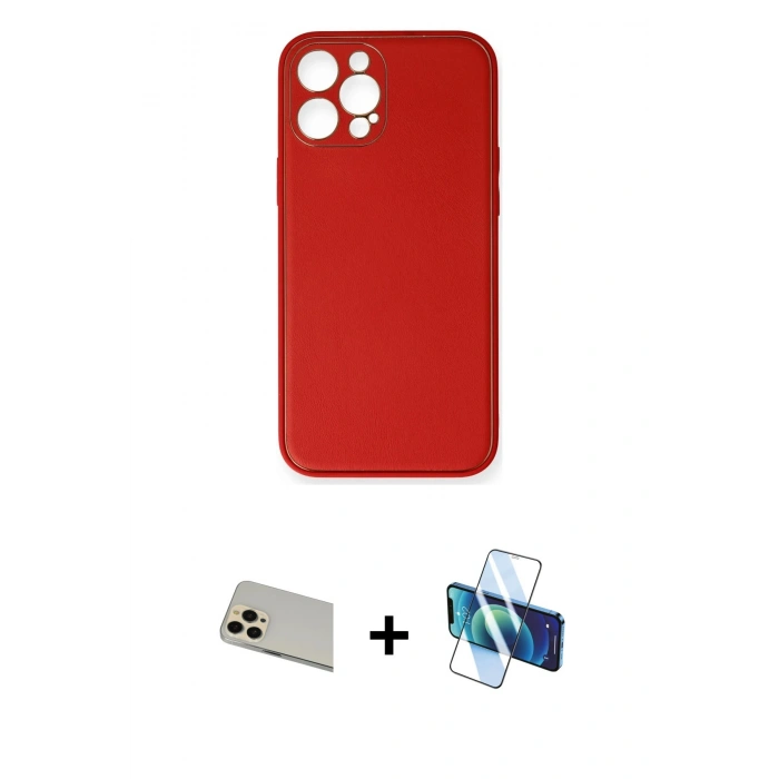 MARSİLYAN™- iPhone 12 Pro Kılıf Yadigar Klasik - Siyah 3D Antistatik Cam Ekran Koruyucu + Rainbow Kamera Lens Koruma Cam - GD