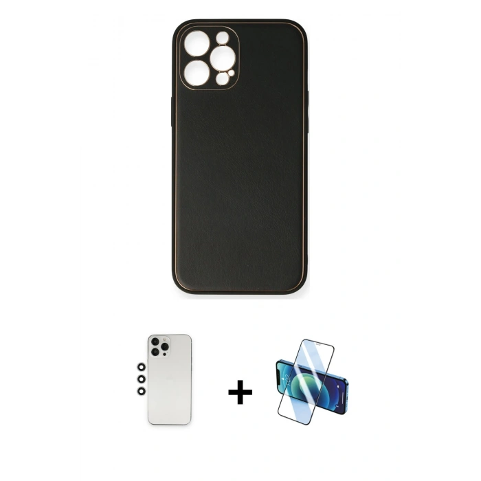 MARSİLYAN™- iPhone 12 Pro Kılıf Yadigar Klasik - Siyah 3D Antistatik Cam Ekran Koruyucu + Shine Kamera Lens - GS