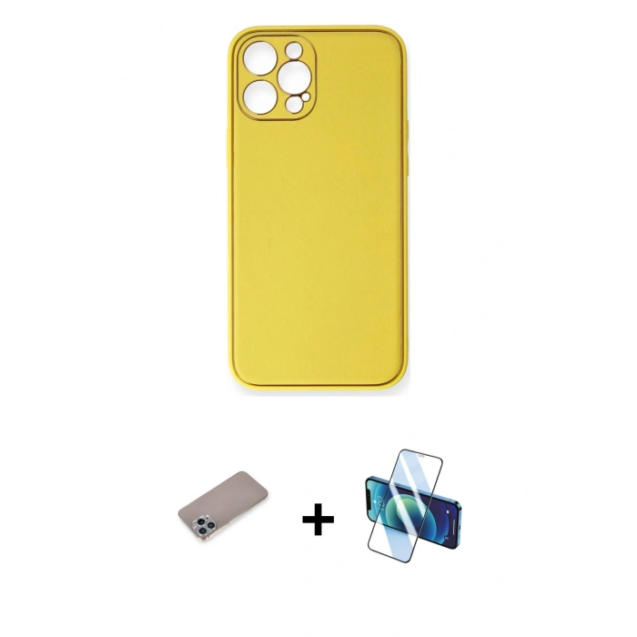 MARSİLYAN™- iPhone 12 Pro Kılıf Yadigar Klasik - Siyah 3D Antistatik Cam Ekran Koruyucu + Shine Kamera Lens Koruma Cam - SABE