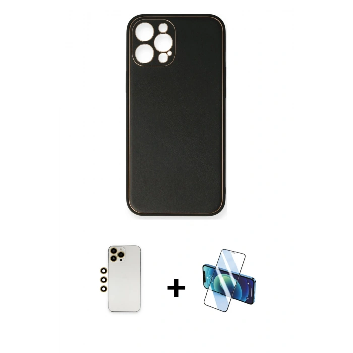MARSİLYAN™- iPhone 12 Pro Kılıf Yadigar Klasik - Siyah 3D Antistatik Cam Ekran Koruyucu + Shine Kamera Lens - GD