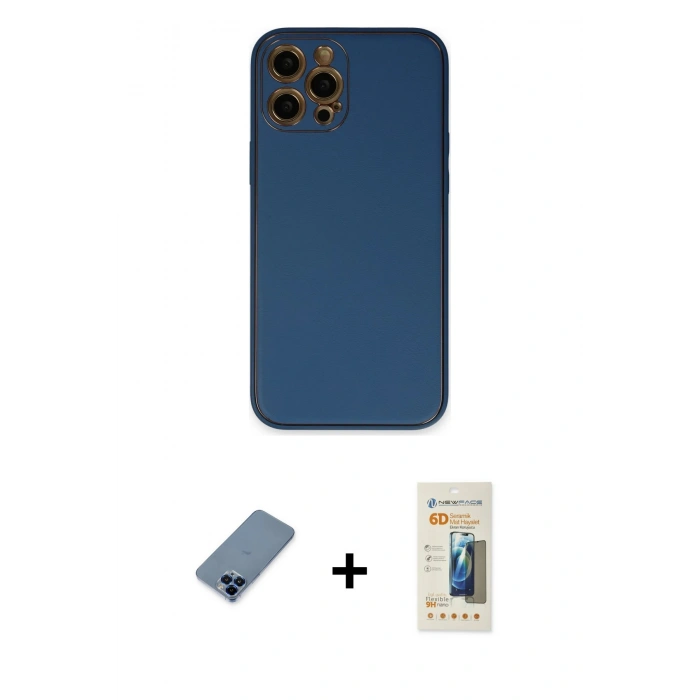 MARSİLYAN™- iPhone 12 Pro Kılıf Yadigar Klasik - Siyah 6D Mat Seramik Hayalet Nano Ekran Koruyucu + Mavi Metal Kamera Lens Koruma Cam