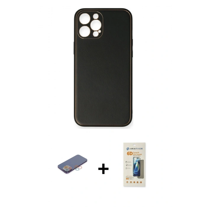 MARSİLYAN™- iPhone 12 Pro Kılıf Yadigar Klasik - Siyah 6D Mat Seramik Hayalet Nano Ekran Koruyucu + Pembe Renkli Kamera Lens Koruma Cam