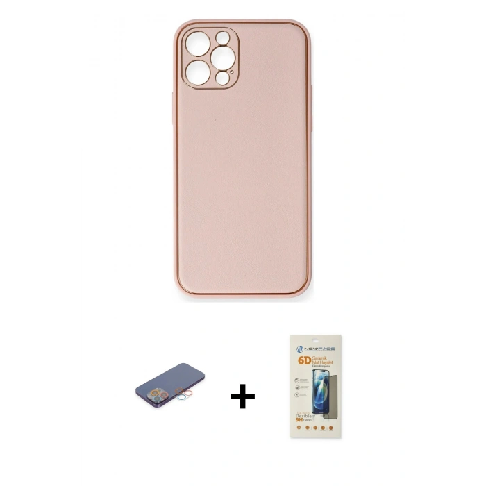 MARSİLYAN™- iPhone 12 Pro Kılıf Yadigar Klasik - Siyah 6D Mat Seramik Hayalet Nano Ekran Koruyucu + Pembe Renkli Kamera Lens Koruma Cam
