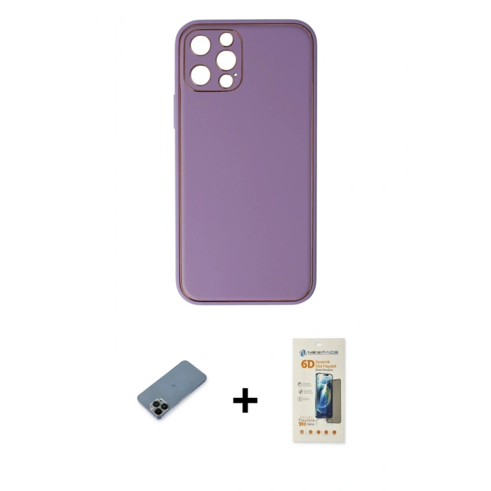 MARSİLYAN™- iPhone 12 Pro Kılıf Yadigar Klasik - Siyah 6D Mat Seramik Hayalet Nano Ekran Koruyucu + Siyah Shine Kamera Lens Koruma Cam