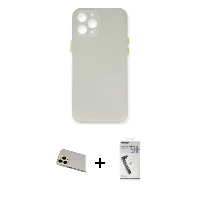 MARSİLYAN™- iPhone 12 Pro Kılıf Yadigar Yansıma Serisi - Şeffaf Uv Polymer Nano Ekran Koruyucu + Gold Rainbow Kamera Lens Koruma Cam