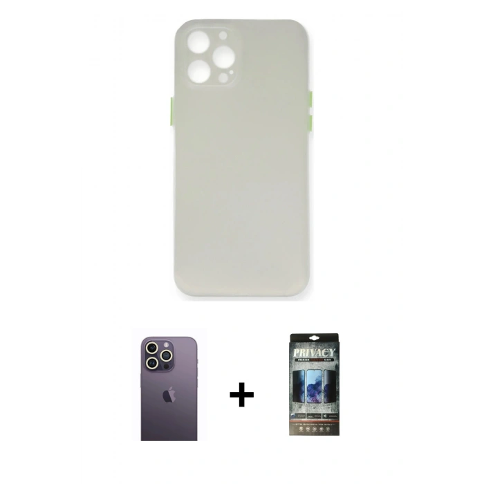 MARSİLYAN™- iPhone 12 Pro Kılıf Yadigar Yansıma Serisi - Siyah 34D Hayalet Izgaralı Cam + Neon Fosforlu Kamera Lens - BZ