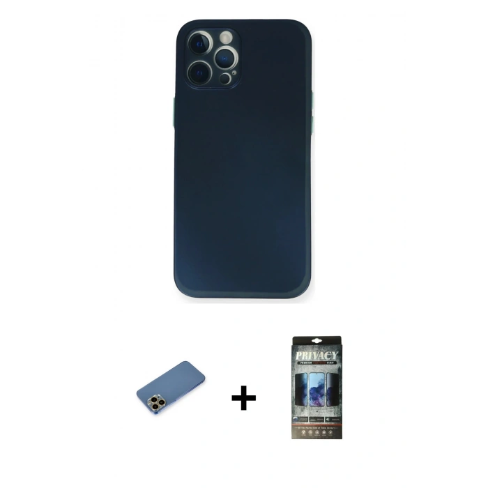 MARSİLYAN™- iPhone 12 Pro Kılıf Yadigar Yansıma Serisi - Siyah 34D Hayalet Izgaralı Cam + Shine Kamera Lens Koruma Cam - GD