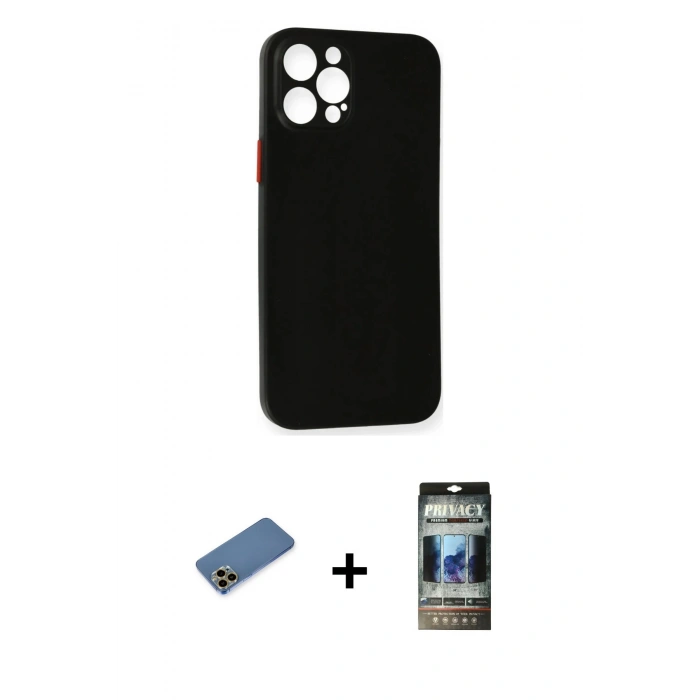 MARSİLYAN™- iPhone 12 Pro Kılıf Yadigar Yansıma Serisi - Siyah 34D Hayalet Izgaralı Cam + Shine Kamera Lens Koruma Cam - GD