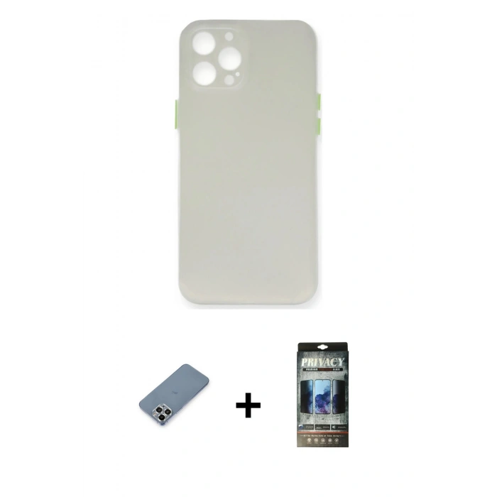 MARSİLYAN™- iPhone 12 Pro Kılıf Yadigar Yansıma Serisi - Siyah 34D Hayalet Izgaralı Cam + Metal Kamera Lens Koruma Cam - GS