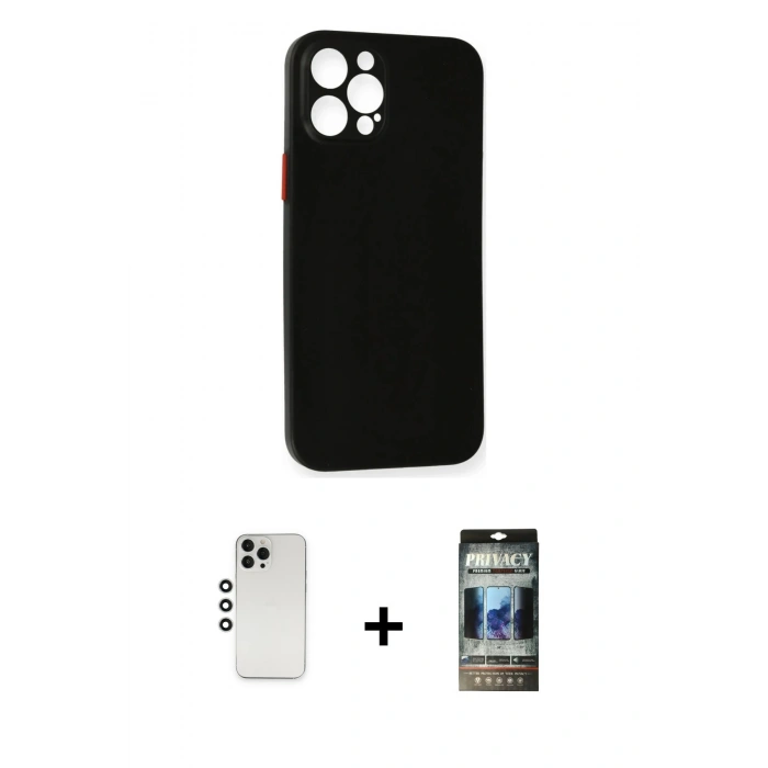 MARSİLYAN™- iPhone 12 Pro Kılıf Yadigar Yansıma Serisi - Siyah 34D Hayalet Izgaralı Cam + Shine Kamera Lens - GS